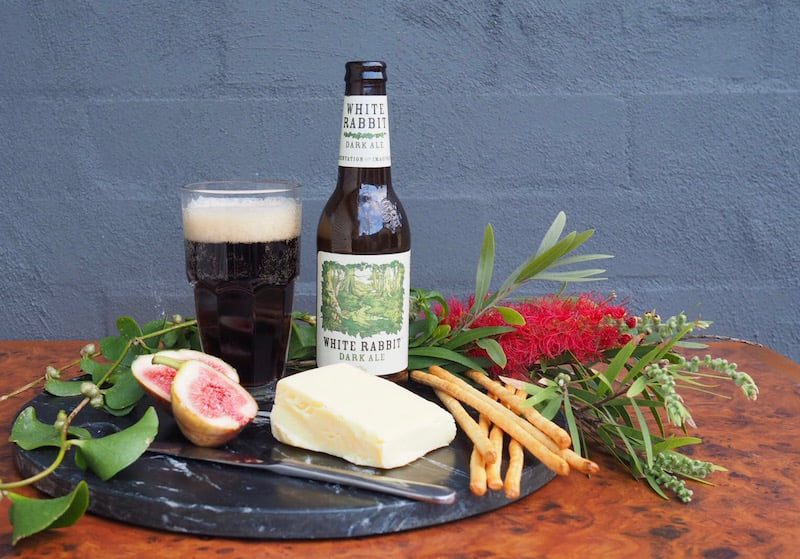 beer and cheese White Rabbit Dark Ale with a smoked cheddar