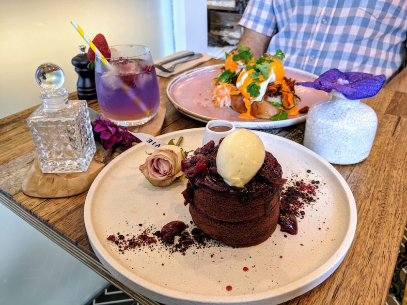 Flovie cha siu pulled pork and eggs benny, black forest souffle hotcakes