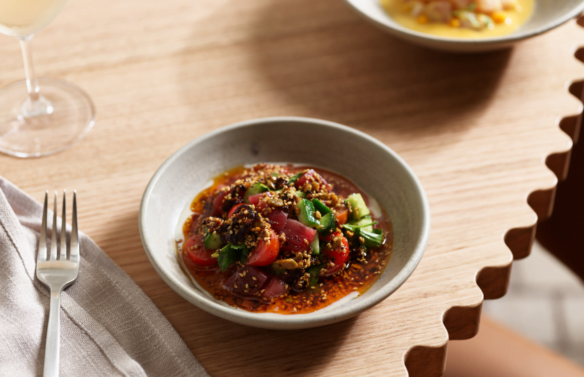 RAFI_South Coast tuna with tomato, tahini & fragrant chilli oil.