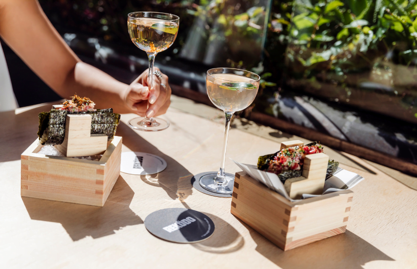 Cheersing to a pair of Green Ant Gin martini's and steak tartare tacos.