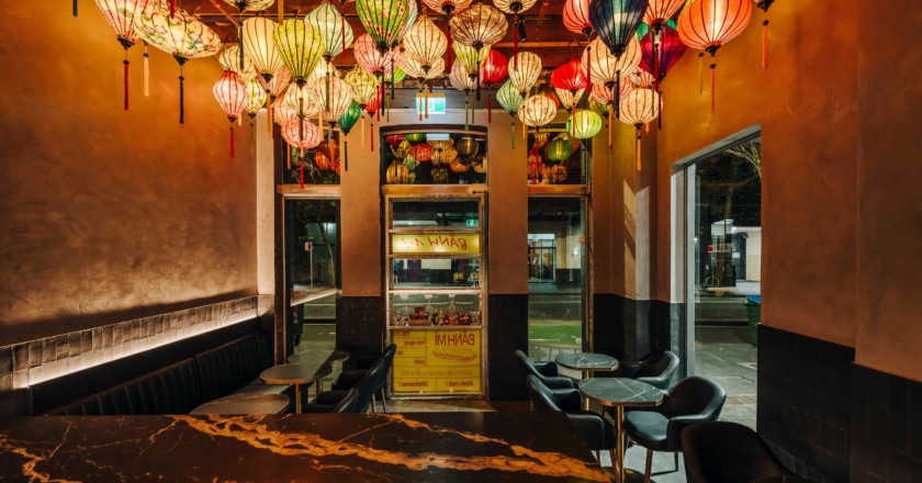 Interiors of new micro-bar in Sydney, Vinabar, featuring Hoi An lanterns.