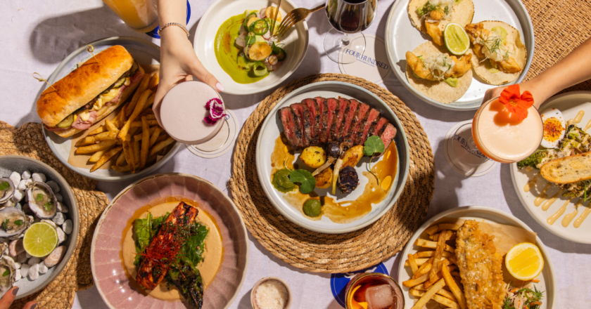 Right - César Salad: Baby Cos, Chicharrones, Duck Egg, parmesan croutons, Anchoa Dressing Right Top - Baja fish tacos: Battered barramundi, Macerated Fennel, Avocado, chipotle Mayo Right Bottom - Pescado & Papas, Tempura Snapper, Jalapeno Slaw, Fries, Huacatay Tartare Middle - 300gm Black Angus Hanger Steak, heritage potatoes, Chimichurri, Charred spring Onion Left top - tomato ceviche, Hibiscus compressed melon, pickled beets, smoked Cashew Queso, jalapeno crisps, Pedro Ximenes Left - Oyster, Anejo mignonette, finger lime, baby coriander Left middle/top - Mojo Cubana Torta: BBQ Pork Neck, Double Smoked Ham Swiss Cheese, Mc’clurres Pickles, Mustard.