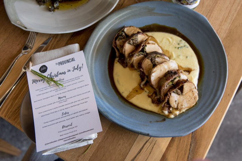 Roasted Turkey Roulade Stuffed With Prosciutto, Chicory and Mushrooms