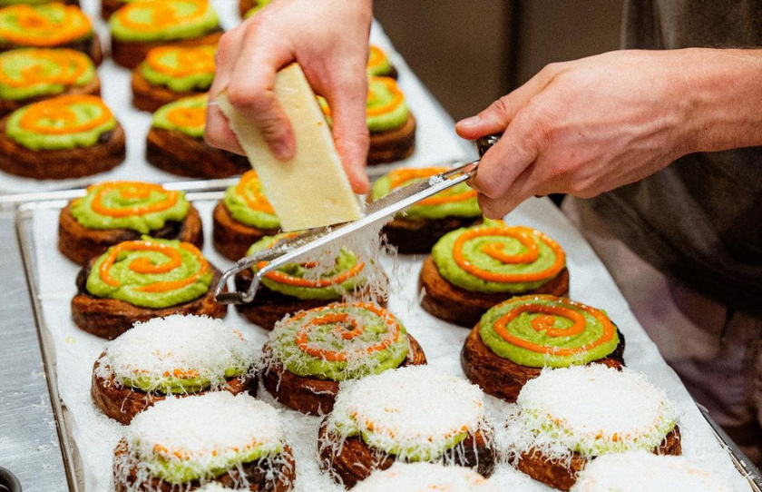 Vegemite and avocado scrolls! - Vegemite, cheddar cheese, smashed avo, fermented chilli egg jam and pecorino at Shadow Baking
