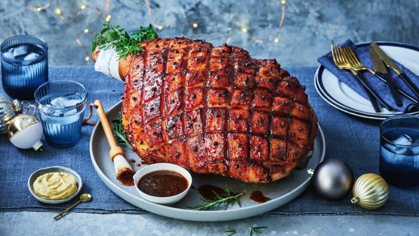 Luke Mangan's Guinness, Mustard And Maple Glazed Ham Whole On Decorated Plate.