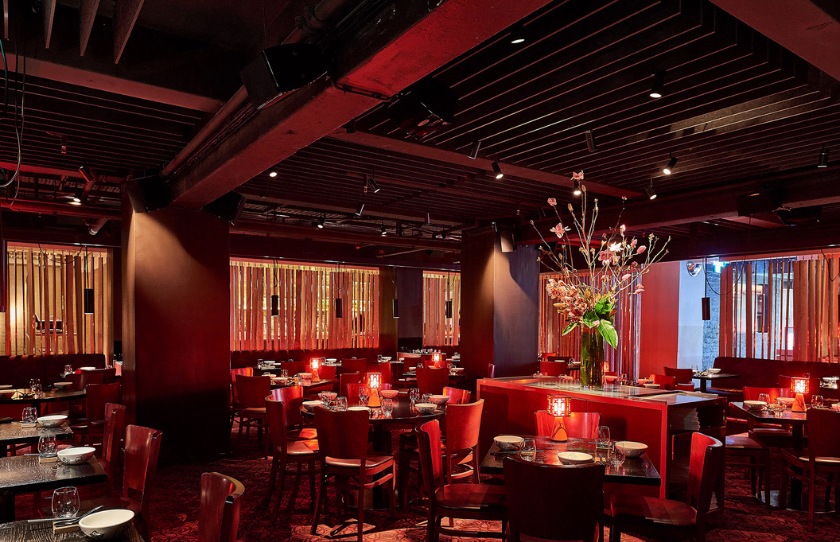 Romantic red restaurant interior at Spice Temple Sydney for Valentine's Day.