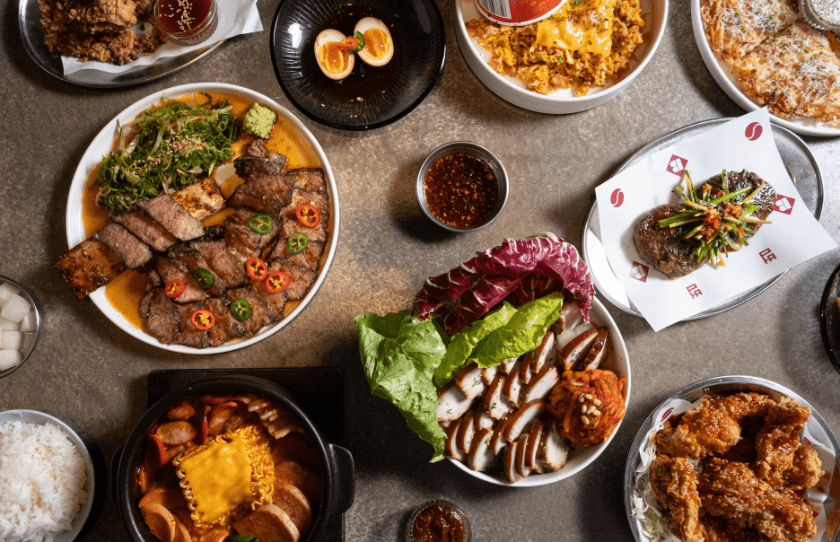 Overshot of Korean dishes from Beom Beom