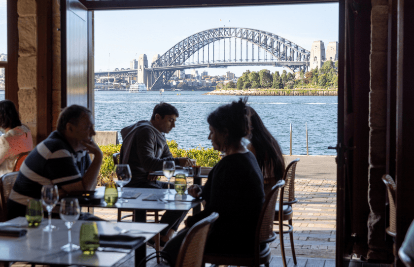 Sydney Restaurant Group 50% Off Set Menu - The Fenwick. People dining with a view of the Harbour Bridge